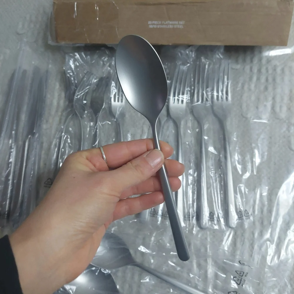 NEW! Quince- Sambonet Gia Minimalist 20 Piece Brushed Steel Flatware Set! (B6)